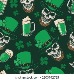 Patrick day vintage seamless pattern colorful skull in Irish hat with yarrow petals and green beer for holiday vector illustration