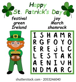 Patrick Day word search puzzle with cartoon leprechaun and pot of gold in his hands vector illustration. Word game in English for children printable activity page vector
