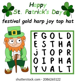 Patrick Day word search puzzle for kids in English vector illustration