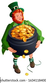 Patrick Dwarf holds big pot of gold. Cartoon illustration vector isolated on white