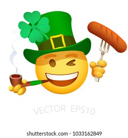 Patrick emoji. Funny yellow emoticon in vintage green top hat decorated with a lucky clover. Irish smiley smokes a pipe and holds a fork with a grilled sausage. Face for chats about St. Patrick's Day.