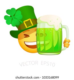 Patrick emoji with green beer. Smiley in the top hat with shamrock hides behind the mug of Irish drink. Chat emoticon peers out from behind a glass of ale. Winking face; pub icon for St.Patrick's Day.