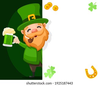 Patrick with a glass of green beer and a smoking pipe. Smiles and looks out from behind a white sheet. St Patricks day