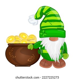 Patrick gnome with pot of gold isolated on white background. St. Patricks Day concept. Celtic elf and lucky money. Lucky irish Leprechaun with treasure. Element for irish holiday. Vector illustration