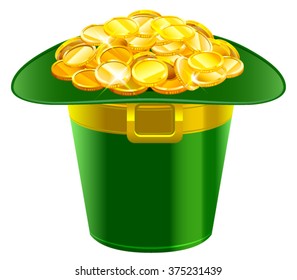 Patrick hat full of gold coins. Isolated on white illustration
