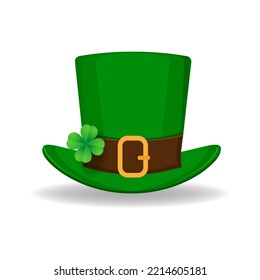 Patrick hat. Green hat with four leaf clover isolated on white background. Happy St. Patrick's day. Usable as icon, banner, design element. Vector illustration.