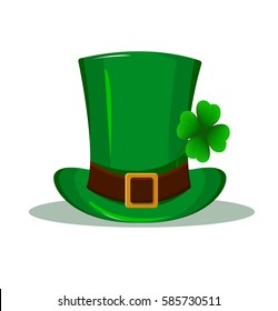 Patrick hat. Green hat with four leaf clover isolated on white background. Happy St. Patrick's day. Usable as icon, banner, design element. Vector illustration. 