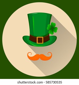 Patrick hat. Green hat with four leaf clover and red mustache. Flat style with long shadow. Happy St. Patrick's day. Usable as icon, banner, design element. Vector illustration.