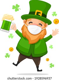 Patrick in a medical mask jumps happily with a glass of green beer. St. Patricks Day