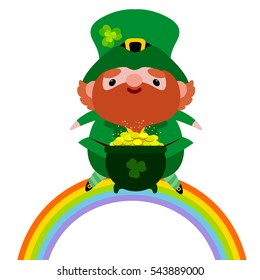 Patrick with the pot of gold sitting on a rainbow. St.Patrick 's Day. National holiday.