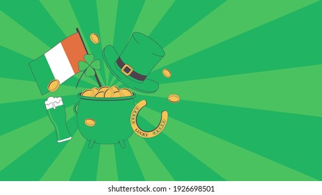 Patrick 's Day. Pot of Gold, Flag of Ireland, Beer, Coins, Luck Horseshoe, Leprechaun Hat, Four Leaf Clover on the Green Rays Background. Template for Banner, Poster or Flyer. Happy Saint Patrick 's D