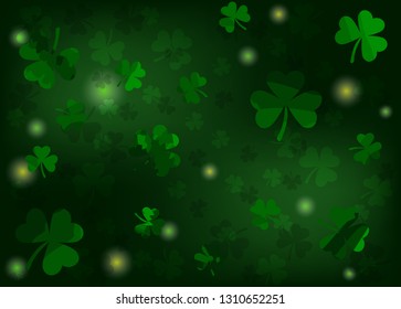 patricks background with shamrocks and lights. vector illustration. green colors. horizontal image with clover leaves. irish symbol. template for greeting card, banner, invitation, sign, poster