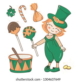 PATRICK'S BIRTHDAY Saint Patrick's Day Cartoon Vector Illustration Set for Print, Fabric and Decoration.
