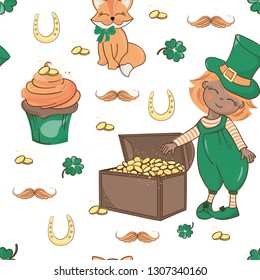 PATRICK'S CHEST Saint Patrick's Day Cartoon Seamless Pattern Vector Illustration for Print, Fabric and Decoration.