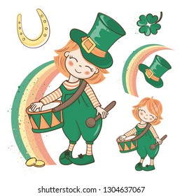PATRICK'S CLOVER Saint Patrick's Day Cartoon Vector Illustration Set for Print, Fabric and Decoration.