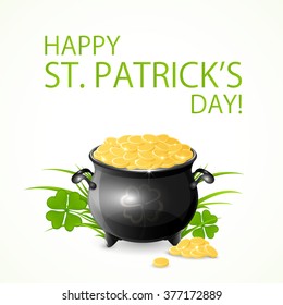 Patrick's Day background with cauldron of gold and clovers, illustration.