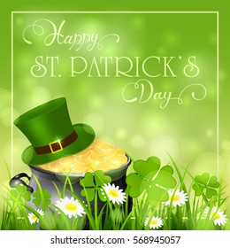 Patricks Day background with clover and cauldron of gold leprechaun in grass, holiday lettering Happy St. Patrick's Day, illustration.