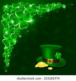 Patricks Day background with clover, green hat and leprechauns gold, illustration 