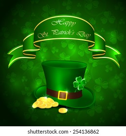 Patricks Day background with clover, green hat and leprechauns gold, illustration 