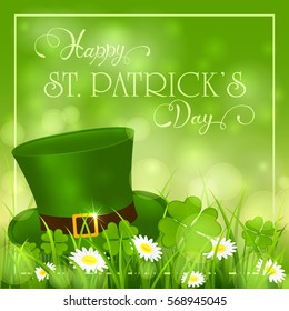 Patricks Day background with clover and hat of leprechaun in grass, holiday lettering Happy St. Patrick's Day, illustration.