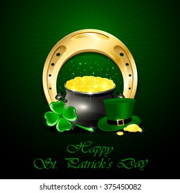 Patrick's Day background with green hat of leprechaun, clover, shiny horseshoe and pot of gold, illustration.