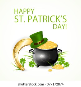 Patrick's Day background with green hat of leprechaun, clover and pot of gold, illustration.