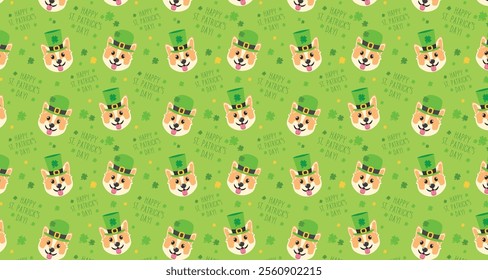 Patricks day background with a happy dog, trefoil, shamrock, patrick's hat.