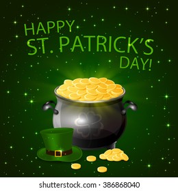 Patrick's day background with leprechaun gold, green hat and cauldron, illustration.