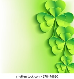 Patricks day background with stylish green cut paper 3d leaf clover. Abstract stylish St. Patrick's day card. Trendy floral background. Vector illustration 