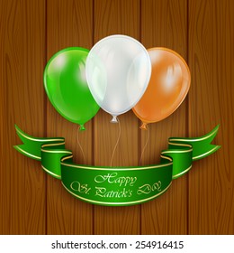 Patricks day background with three balloons in the colors of the Irish flag on wooden background, illustration.