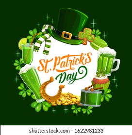 Patricks day banner with holiday symbols. Vector leprechaun hat and scarf, gingerbread cookies and mug of beer. Music drum and horseshoe, gold treasures, cocktails and cakes with shamrock leaves