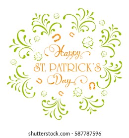 Patricks Day banner on white background with ornate elements, horseshoe and clovers, illustration.