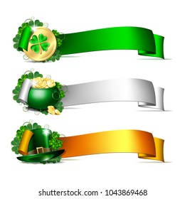 Patricks Day banners. Colorful ribbons with green leprechaun top hat, pot full of gold coins and golden coins of leprechaun with clover. Vector illustration isolated on white background