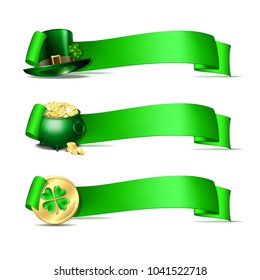 Patricks Day banners. Green ribbons with green leprechaun top hat, pot full of gold coins and golden coins of leprechaun with clover. Vector illustration isolated on white background