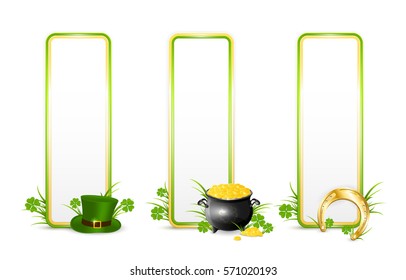 Patricks Day banners on white background with green hat of leprechaun, golden horseshoe, clover and pot of gold, illustration.