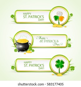 Patricks Day banners on white background with pot of gold, golden coins of leprechaun and clovers, illustration.