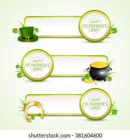 Patrick's Day banners with round card, green hat of leprechaun, golden horseshoe, clover and pot of gold on grass, illustration.