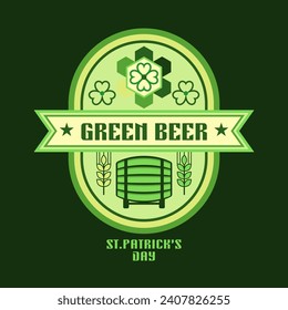 Patricks Day Beer logo in simple geometric style with barrel, barley spikes, symbols of holiday. For branding, decoration of food package, cover design, decorative prints