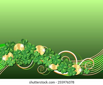 Patricks Day card with clovers and golden coins. Vector illustration