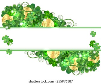 Patricks Day card with clovers and golden coins. Vector illustration