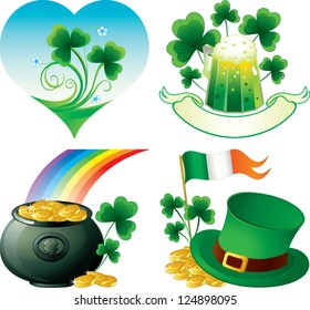 Patrick's day card, with flag of Ireland, Patrick's hat, coins and shamrock