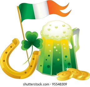 Patrick's day card, with flag of Ireland, beer, shamrock and coins