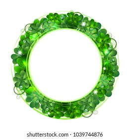 Patricks Day card. Round banner with clover leaves. Vector illustration.
