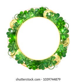 Patricks Day card. Round banner with clover leaves and golden coins. Vector illustration.