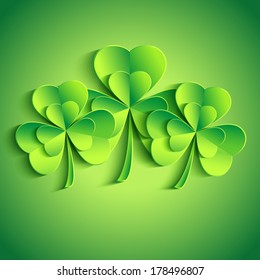 Patricks day card with stylized cut paper 3d leaf clover. Trendy Patricks day background with three green leaf clover. Modern bright floral background. Vector illustration 