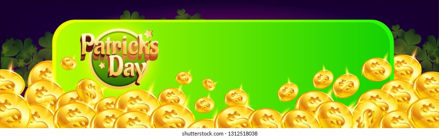 Patricks Day Card with Treasure of Leprechaun, Pot Full of Golden Coins, Green Hat and Shamrock on Blurred Green Background. Calligraphic Lettering Happy  Patricks Day. Vector Illustration. - 