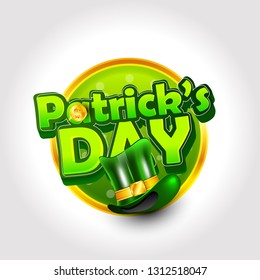 Patrick's Day Card with Treasure of Leprechaun, Pot Full of Golden Coins, Green Hat and Shamrock on Blurred Green Background. Calligraphic Lettering Happy  Patricks Day. Vector Illustration. - 