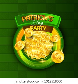 Patricks Day Card with Treasure of Leprechaun, Pot Full of Golden Coins, Green Hat and Shamrock on Blurred Green Background. Calligraphic Lettering Happy  Patricks Day. Vector Illustration. - 