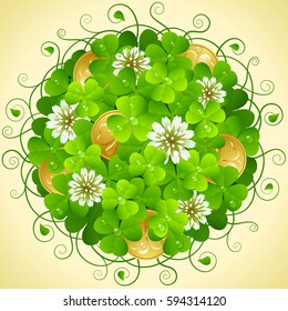 Patrick's Day Circle Pattern. Round Composition with Green Shamrock, Flowers of Clover and Leprechaun Gold for Greeting Card, Coaster or Beermat. Vector Illustration