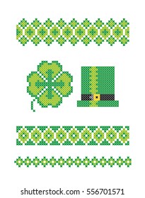 Patrick's day. Clover. Hat. Cross stitch. Scheme of knitting and embroidery. Vector seamless pattern.